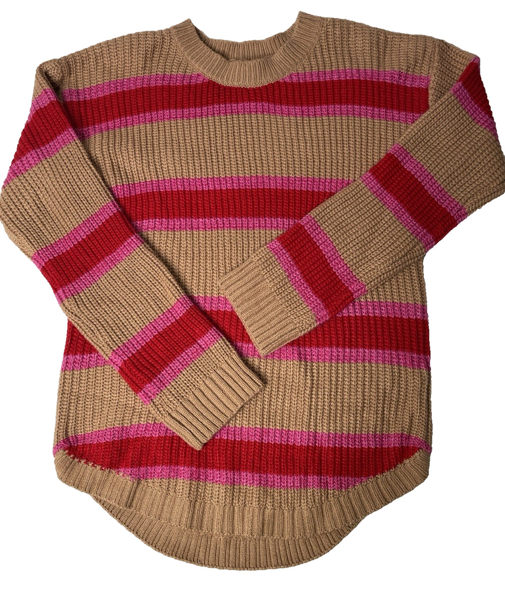 SO Women’s Medium Tan Red Pink Striped Knit Sweater